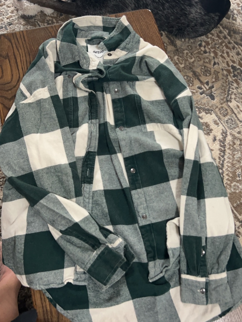 aerie Green and White Buffalo Plaid Oversized Flannel Shirt